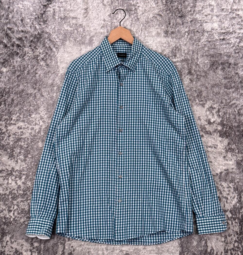 Ermenegildo Zegna Shirt Large Mens Green Check Plaid Button Down Long Sleeve